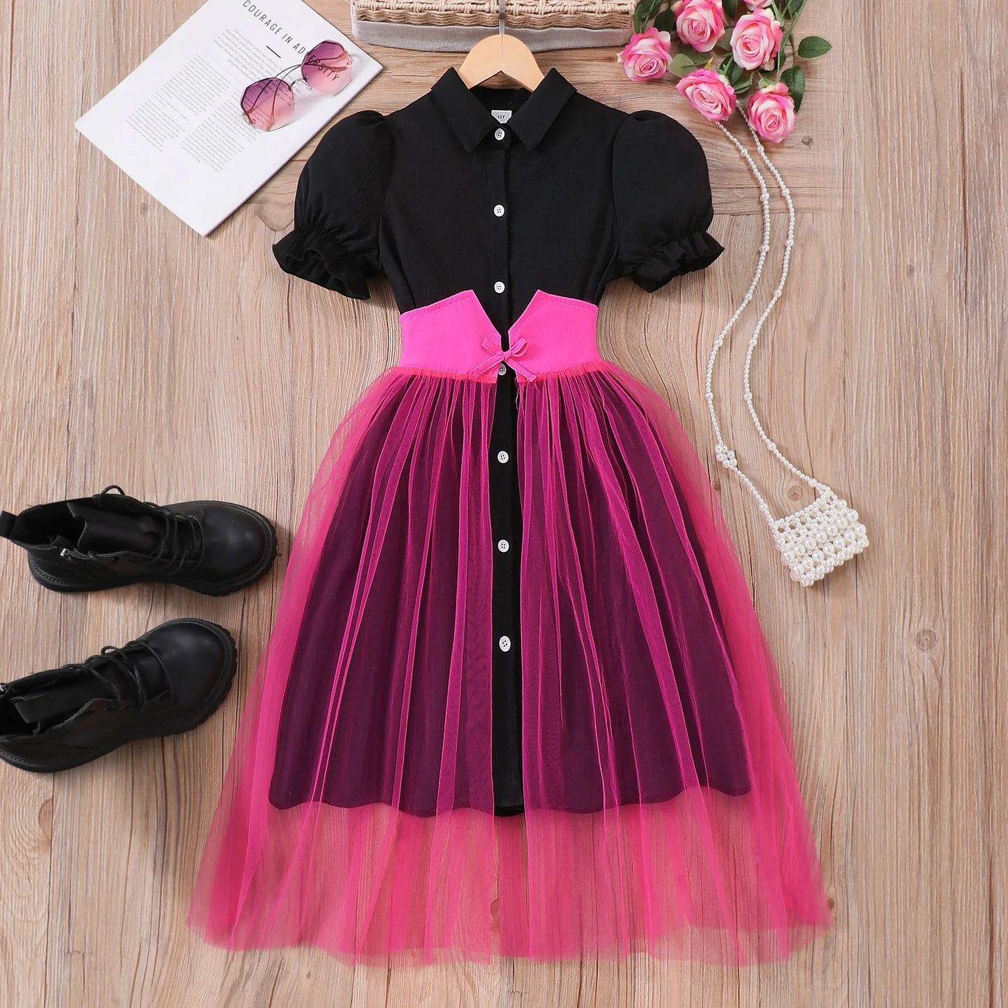 Teen Girl Dress Summer Pink Retro Short Sleeve Children Dresses Fashion Girl Costume Party Big KIds Outfit 7 8 9 10 11 12Yrs