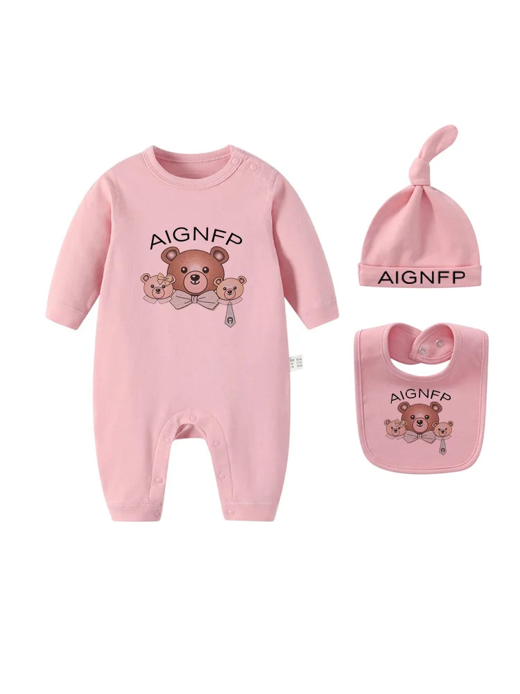 Cute Bow Bear Romper Newborns Clothes Autumn 2025 Hot Sale New Toddler Jumpsuit Hat Bib scarf Set Baby Girls Long sleeves Romper