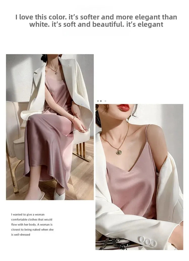 Silk V-neck Slim-fit Satin Dress Sexy Strap Long Gown for Women New 2025 Spring Summer Inner Wear Dress Elegant Lady Dress