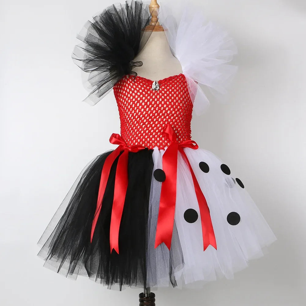 Halloween Crulla Cosplay Costume Cruella Tulle Dress Party Girls Black White Carnival Kids Cruella Wig Lace Mask Suit Clothes
