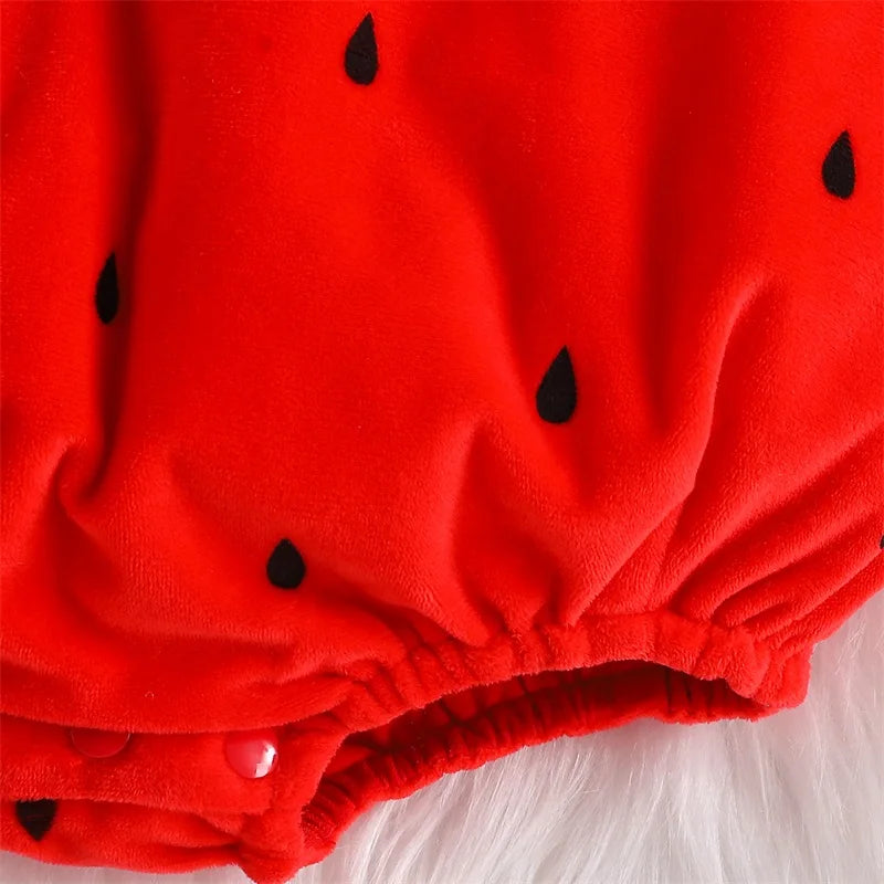 Infant Unisex Baby Halloween Costume Fruits Bodysuit Sleeveless Leaf Trim Strawberry Shape Romper with Hat