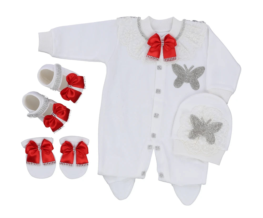 Dollbling Butterfly Jewelry Crown Gift Clothing Sets Welcome Home Lace Baby Rompers Mittens Bonnet Pajamas Outfit 4pcs Layette