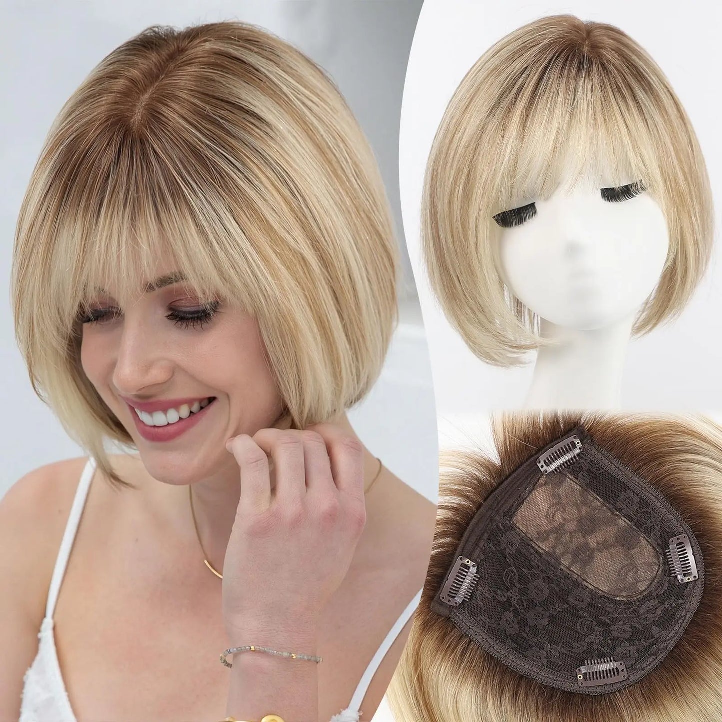 Ombre Gray Blonde Real Human Hair Toppers 6.5*6.5inch Large Base 4Clips Topper 10inch Hair Topper for Women with Bangs Side Part