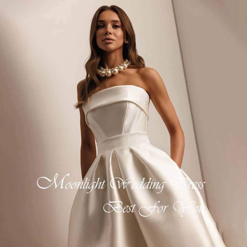 Simple Pleat Strapless A-Line Wedding Dress Women 2026 Sleeveless Backless Mid- Calf Bridal Gown Vestidos De Novia Customized