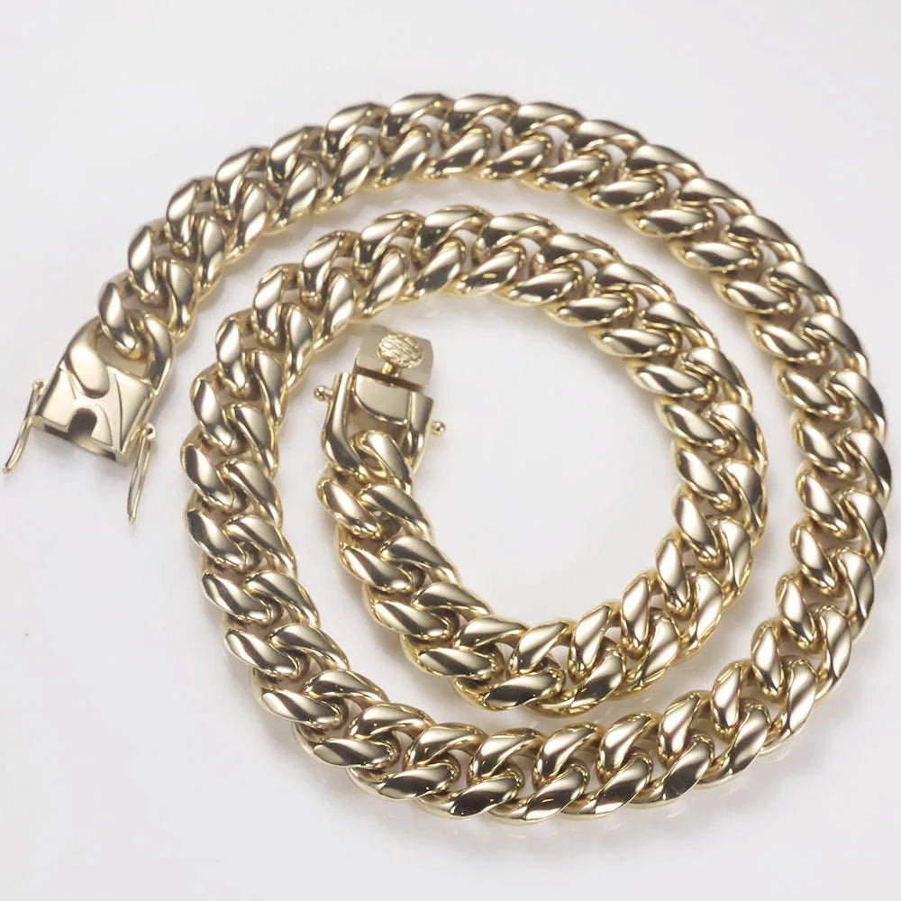 ESKEEM 14K Gold Plated 8mm 12mm Stainless Steel Cuban Chain Hip Hop PVD Plated Cuban Link Necklace For Men Women Party Gift