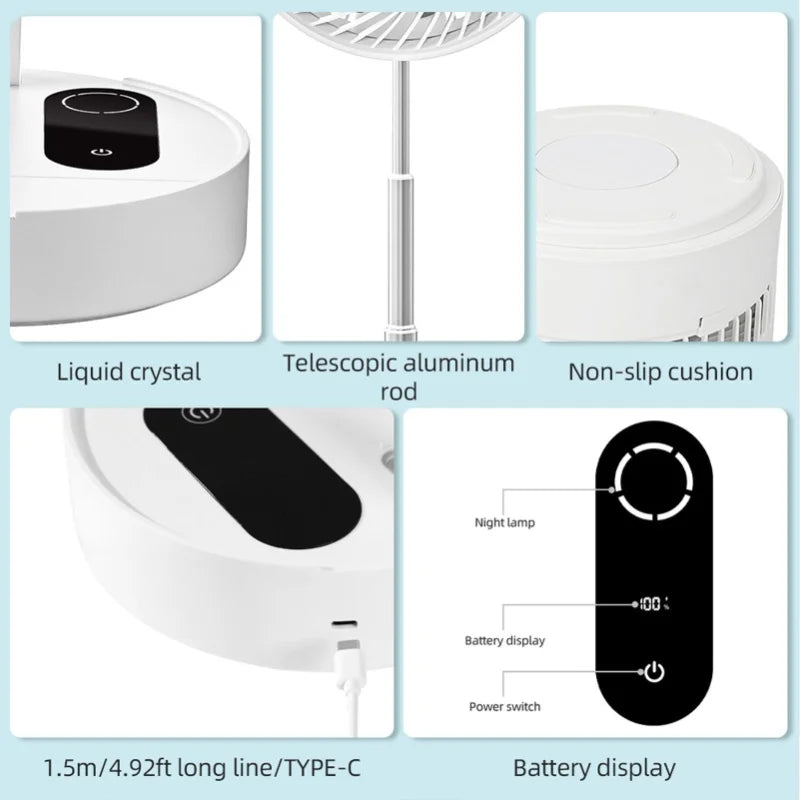 Portable 8.3in Folding Fan Touchscreen Remote Control Standing Desk Cooler 120 Angle 10000mAh Battery Powered Night Light USB
