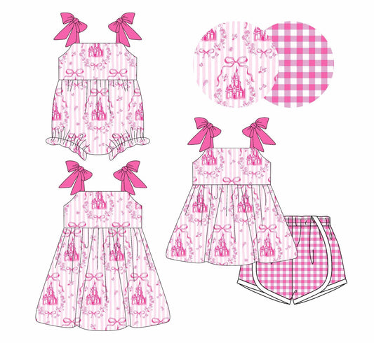 New boutique children's suit suspender bow castle bow vertical print shorts plaid girl suit baby jumpsuit dress 3-piece set