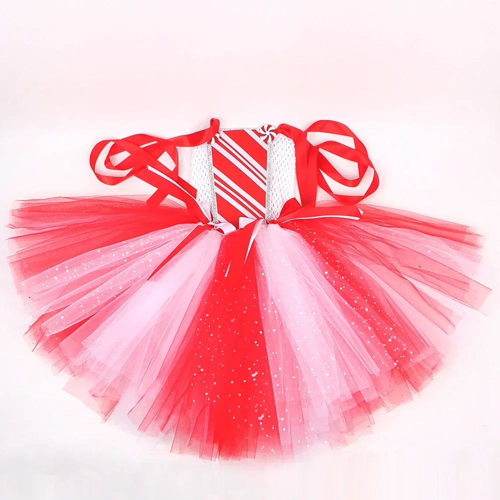 Sparkly Christmas Candy Costumes for Girls White Red Xmas Party Dresses with Bow Socks Kids New Year Tutu Outfit Holiday Clothes