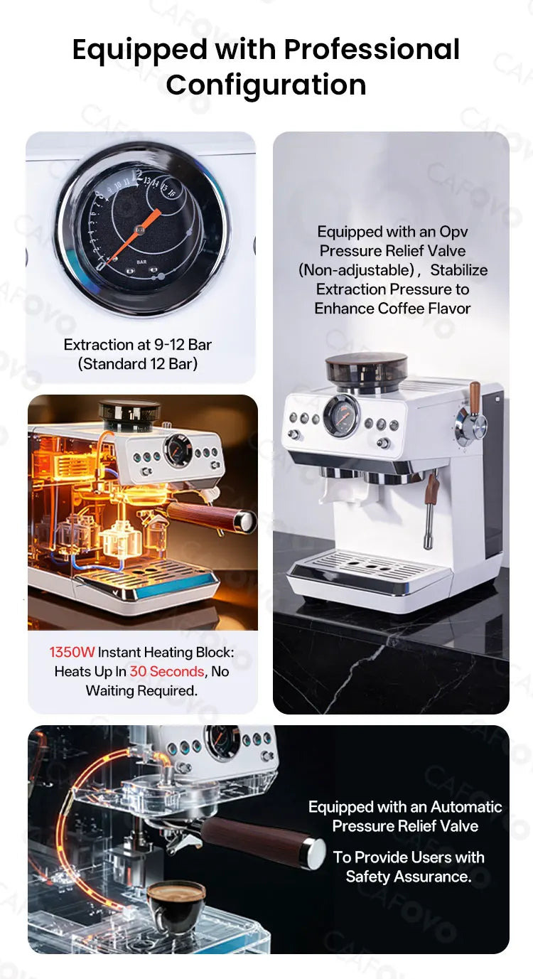 CAFOVO E161G 3-in-1 Semi-automatic Coffee Machine with Burr Grinder Frothing Milk for Home Barista Espresso & Cold Brew 220V
