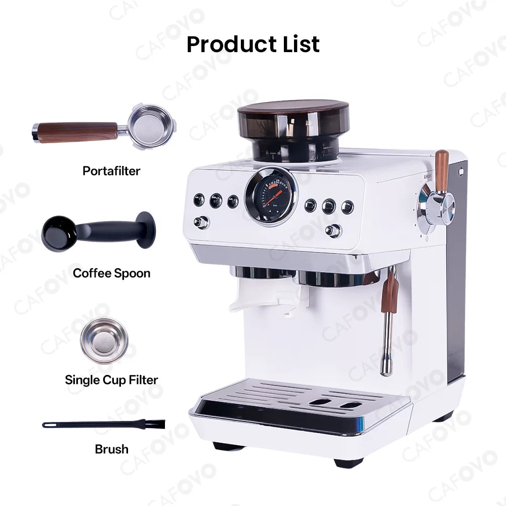 CAFOVO E161G 3-in-1 Semi-automatic Coffee Machine with Burr Grinder Frothing Milk for Home Barista Espresso & Cold Brew 220V