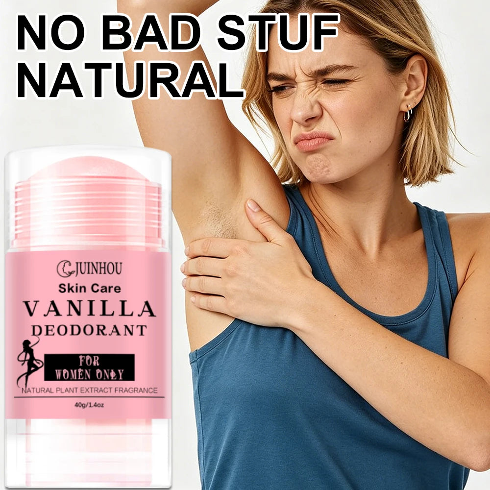 JUINHOU 40g Solid Deodorant Stick Vanilla Aroma Plant Based Mild Formula Portable Odor Control Stick Smooth Skin For Men Women