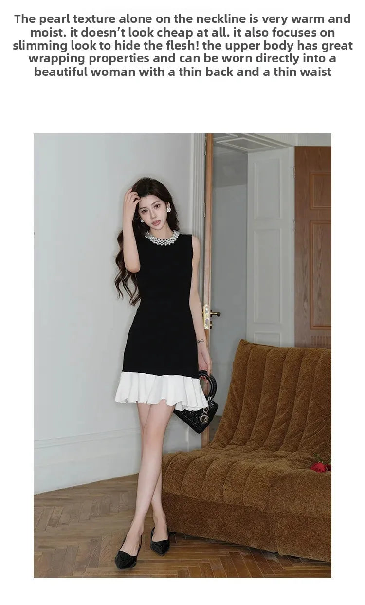 Elegant Pearl Detail Knitted Ice Silk Sleeveless A- Line Dress French Style Summer Dress for Women with Lace Hem Empire Waist