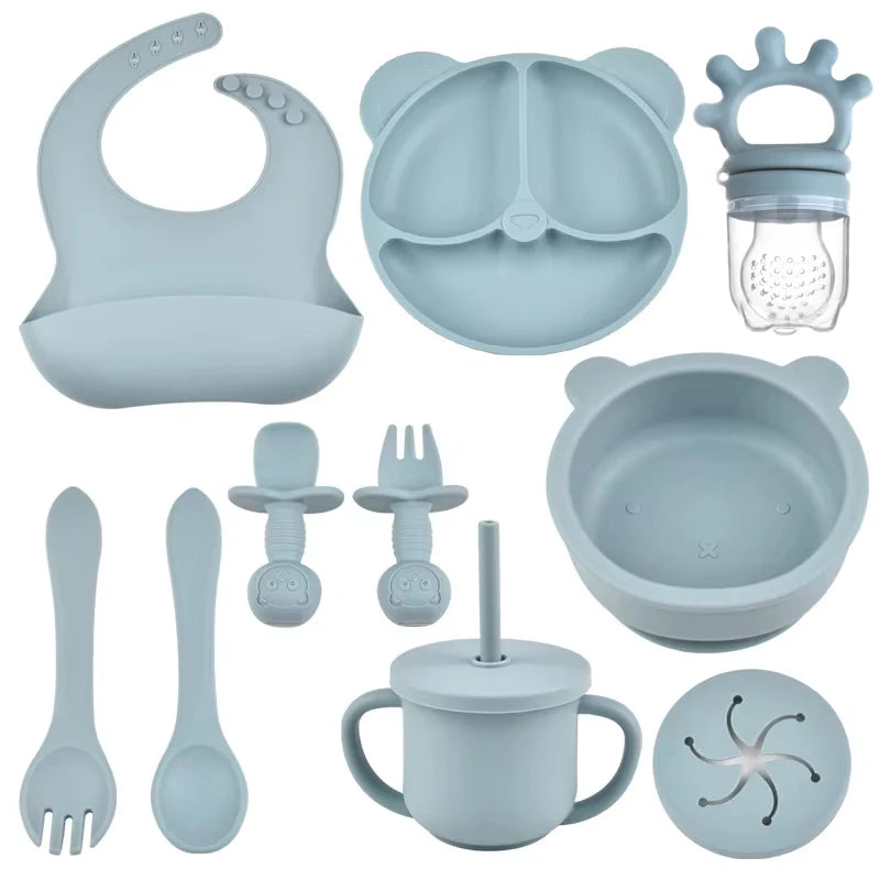 10pcs Children's Silicone Dinner Plate Set Strong Suction Anti-Fall Children's Eating Training Bowl Fork Spoon Feeding Tableware