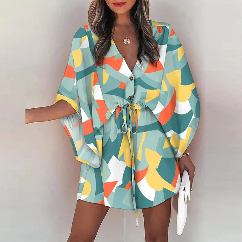Women Casual Loose Dress Beach Boho Dress Fashion Vintage Print V Neck Drawstring Mini Dress Summer Dresses Robe Femme 2022