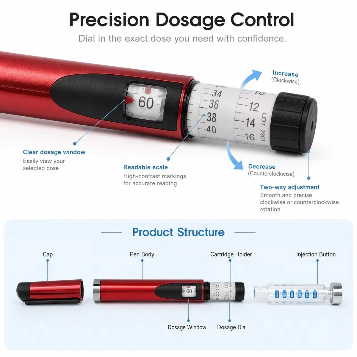 Portable Dose Adjustable Reusable Injector Pen Kit for Insulin Peptide, Comes with 10Pcs 3ML Replacement Cartridges