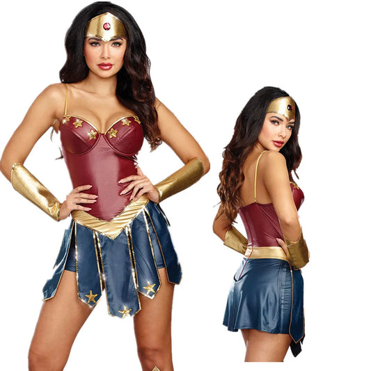 Women's Halloween Superhero Costume Dress Sexy Wonder Cosplay Outfit Leather Fancy Stage Performance Clothing