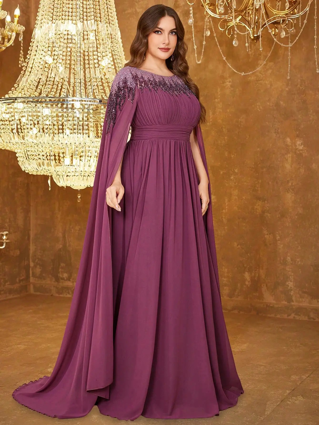 UNITHORSE Plus Women's Stand Collar Cape Sleeve Sequin Patchwork Slim-Fitting Chiffon Temperament Evening Dress