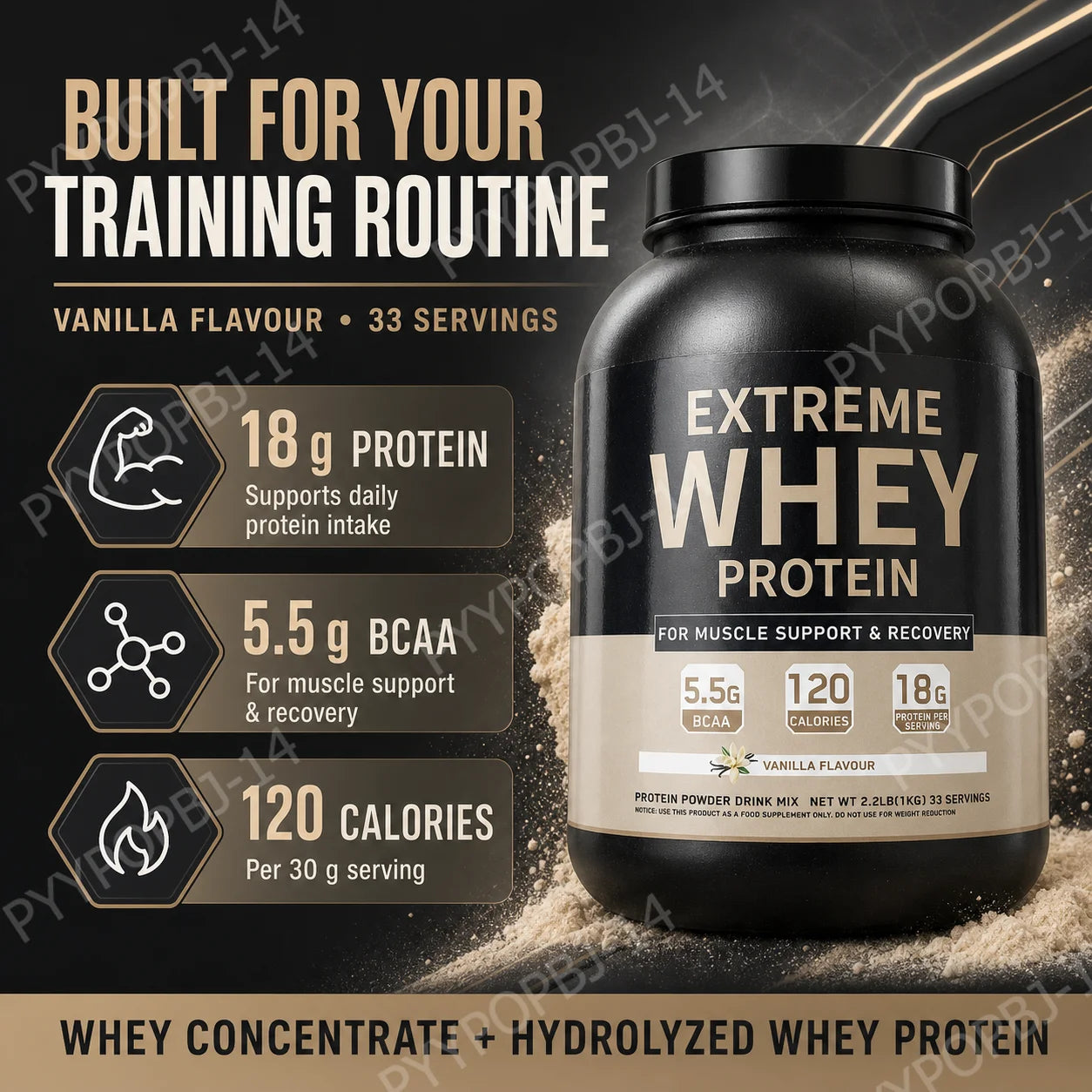 Whey Protein Powder 18g Protein 5.5g BCAA, Vanilla Flavor for Muscle Support Recovery and Daily Sports Nutrition 33 Servings 1kg