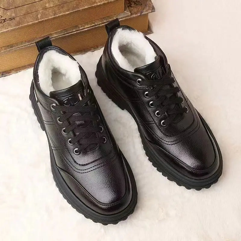 Men's Winter Thickened Warmth Casual Shoes Fleece Lined Business Style Leather Shoes Low Top Lace up Comfortable Alligator Pa...