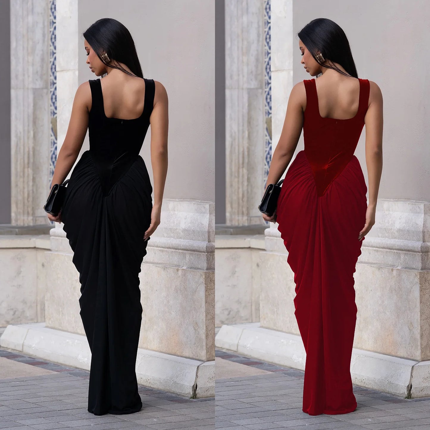 GLCMYAYA Women Velvet Stacked Ruched Sleeveless Bodycon Long Maxi Dresses 2026 Fall Party Trendy Birthday Evening Dress Vestidos