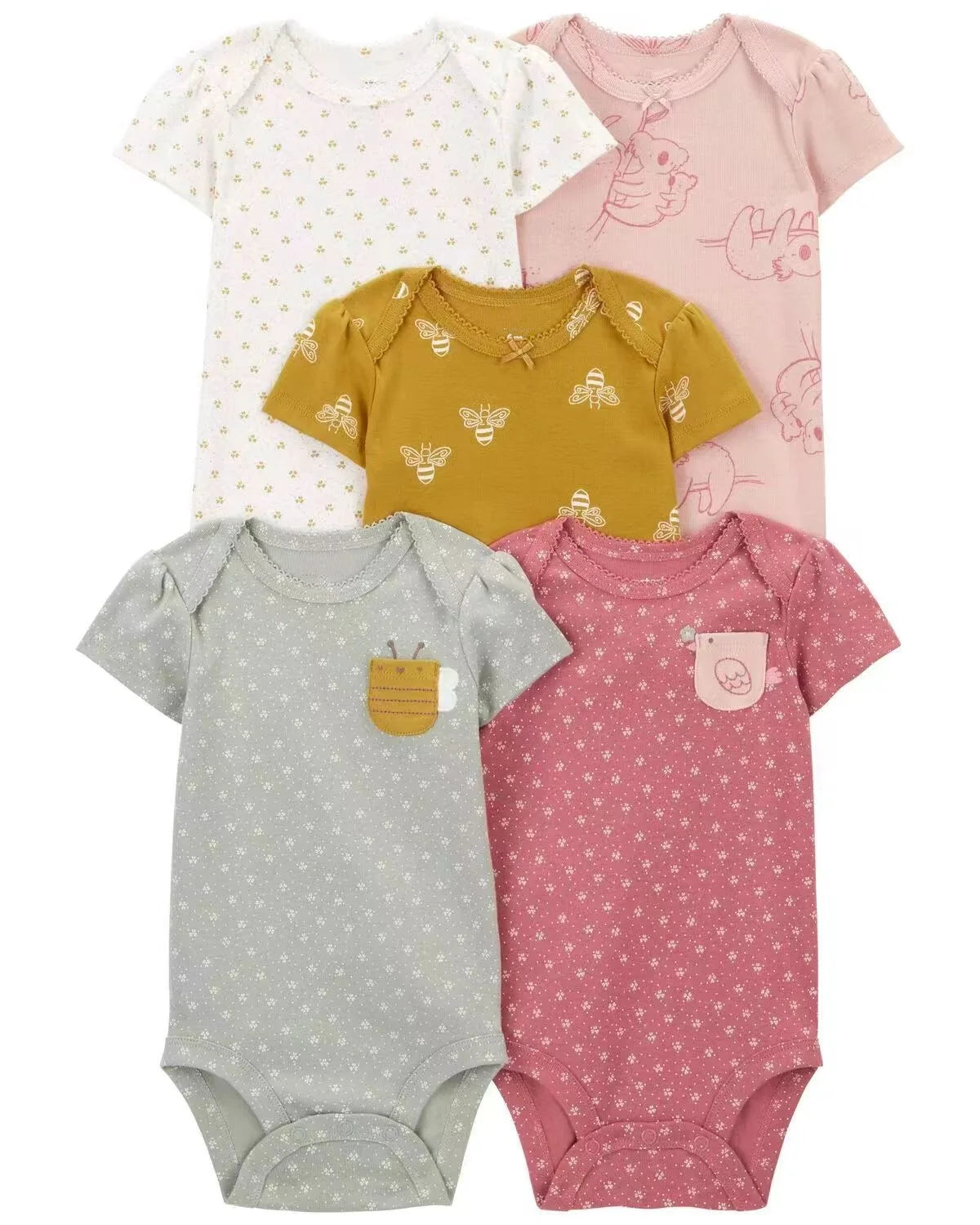Summer Baby Romper 5pcs Set, Newborn Short Sleeve Onesies, Unisex Infant Bodysuit,  Cotton Sling, 0-1Y
