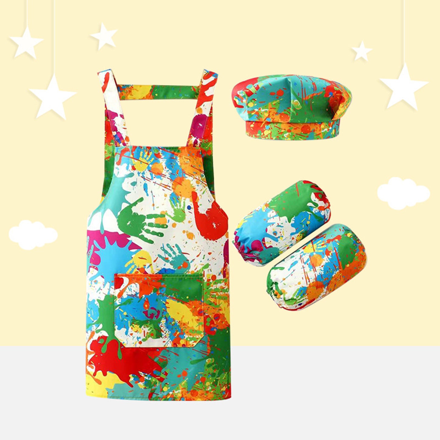 Kids Artist Costume Accessories Set Painter Dress-Up with Hat Animals Pattern Apron Arm Sleeve for Halloween Career Day Costume
