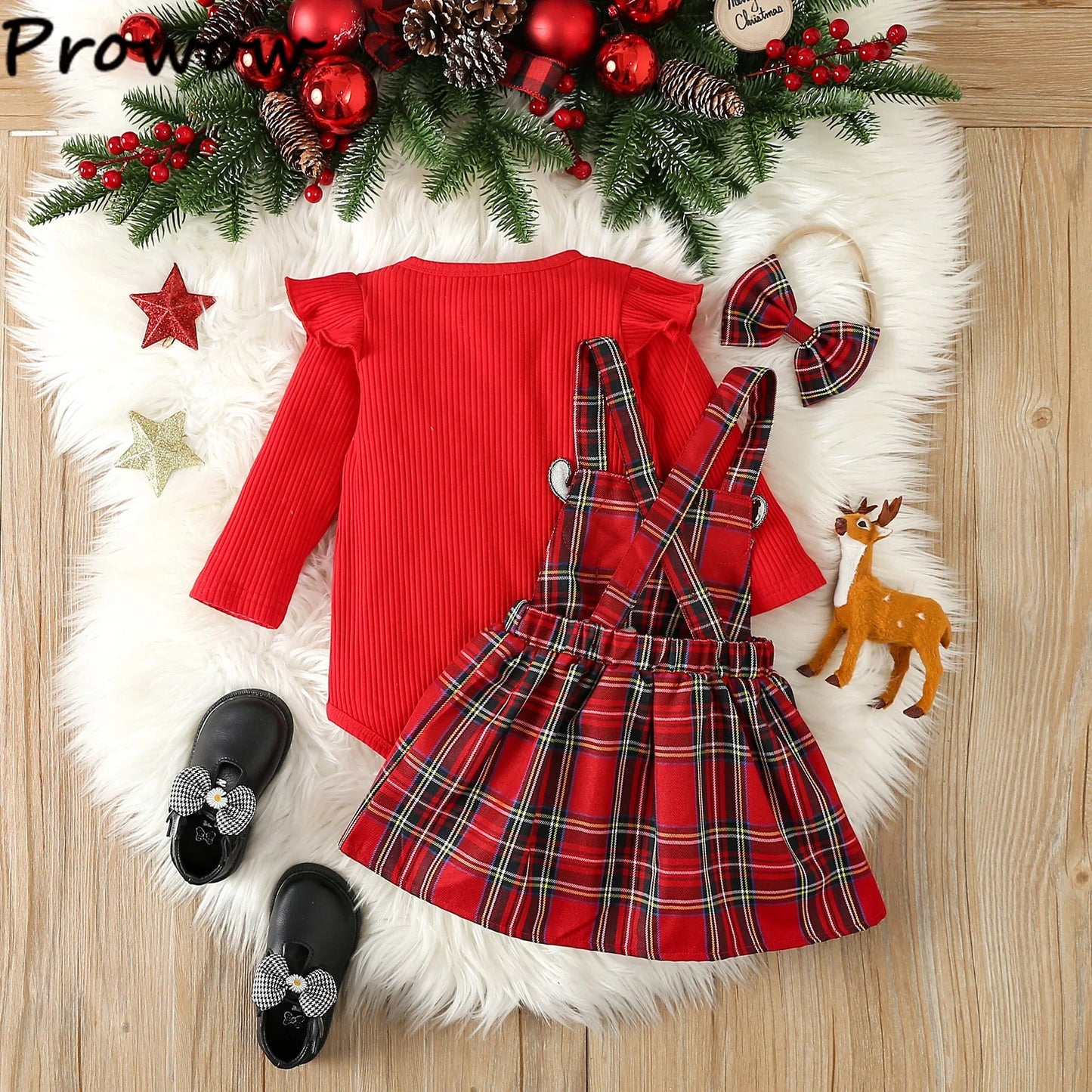 Prowow Baby Girls Christmas Outfits Set Red Bodysuit+Plaid Deer Suspender Dress Set 3pcs My First New Year Costume For Baby 2026