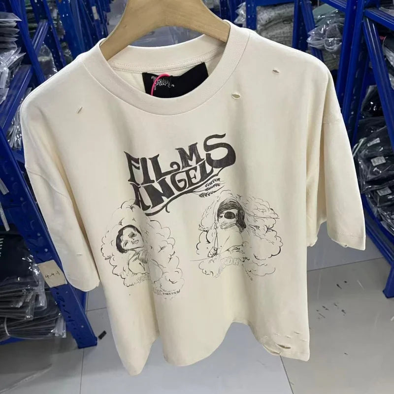 Men's Vintage Movie Print T-Shirt Paly Washed Graffiti Streetwear Loose Fit Cotton Tee