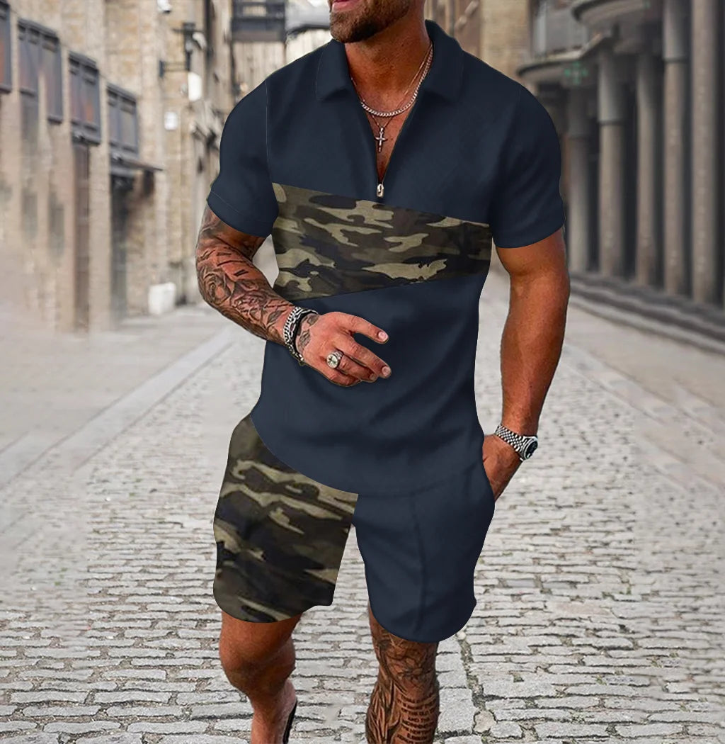 Men Tracksuit Summer New 3D Printed Beach Zipper Polo Shirts Shorts 2 Pcs Sets Boho Geometric Style Holiday Clothing Ropa Hombre