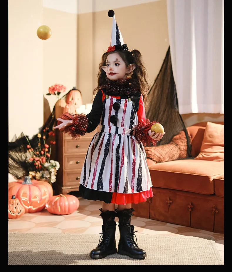 Halloween Cosplay Costumes Horror Clown Dresses Pants Headwear Clothes Sets Carnival Theme Party Role Playing Outfits for Girls