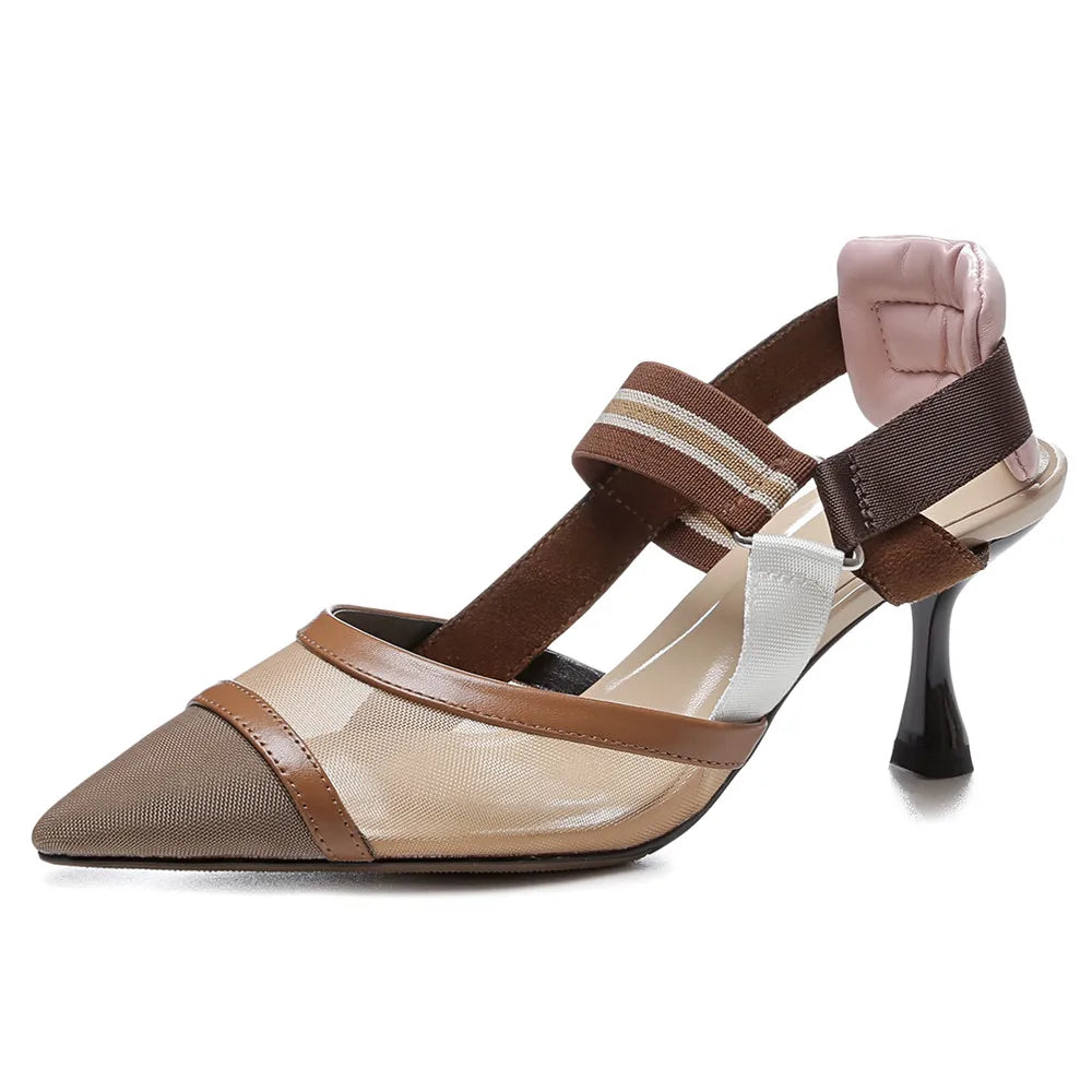 Aucegi Pointy Toe Thin High Heel Slingback Sandals Women Brand Design Elegant Genuine Leather Splicing Mesh Party Dress Shoes