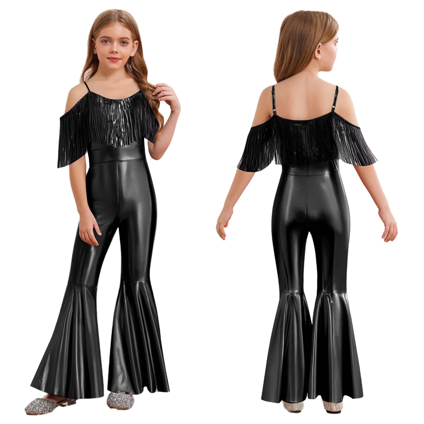 Halloween Kids Girls Hippie Costume Tassels Unitard Bell-bottom Long Pants Bodysuit Jumpsuit for Disco Dance 60s 70s Rave Party