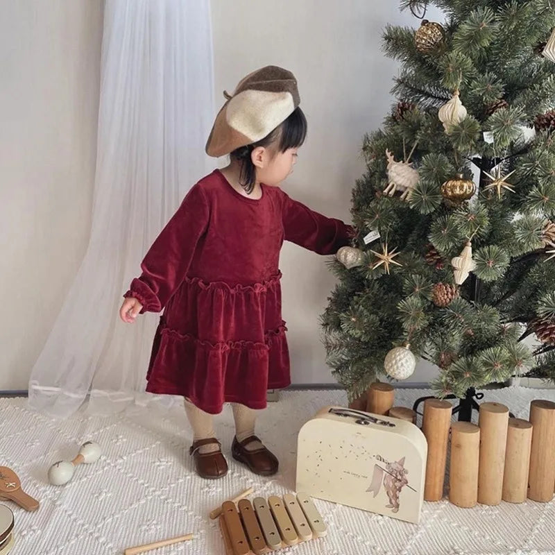 Autumn Winter Kids Christmas Dresses KS 2024 Velvet Bow Girl Princess Dress Baby Jumpsuit New Year Party Children's Clothing