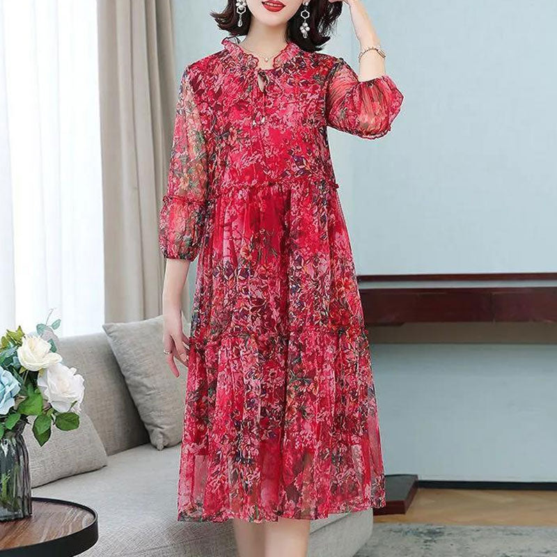 Summer New Casual Half Sleeve Midi Dress Vintage Printed Women's Clothing Ruffles Spliced Stylish Drawstring Loose Gauze Dresses