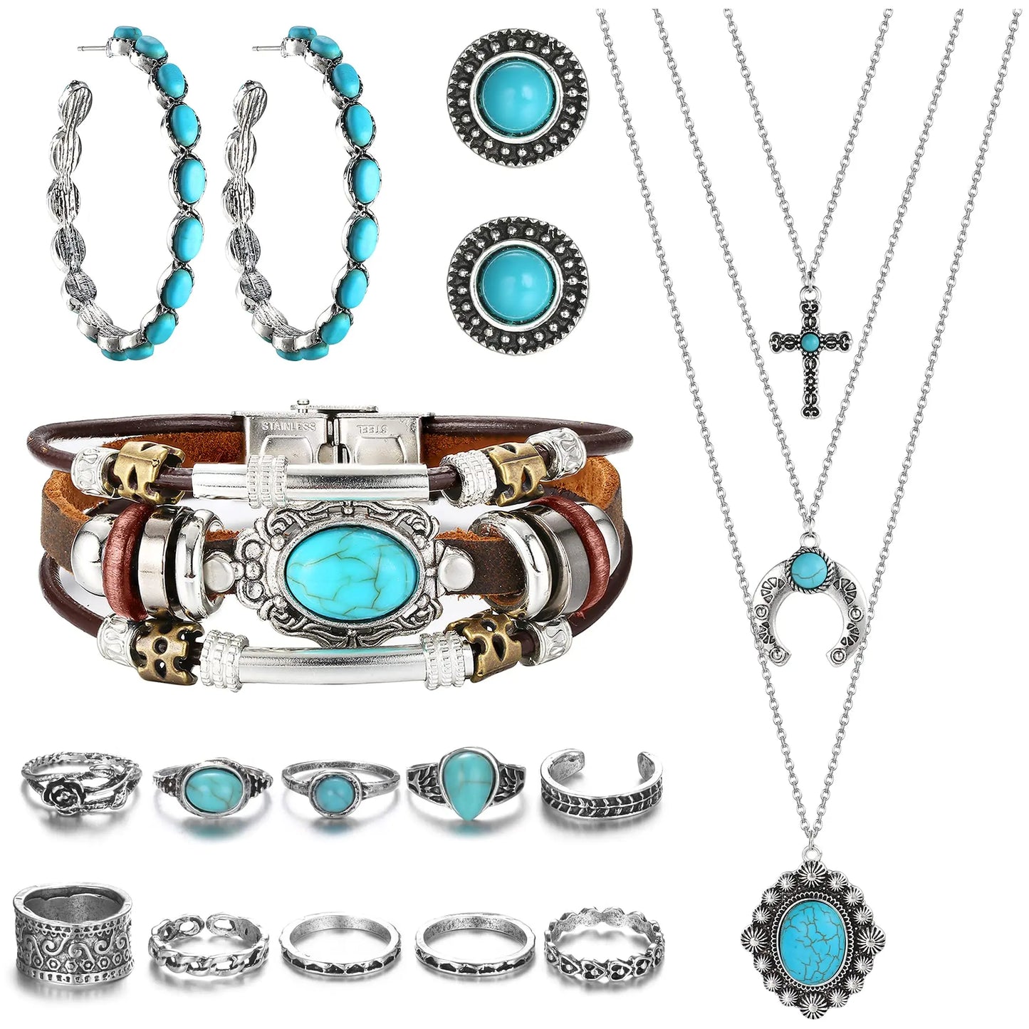Turquoise Jewelry Set For Women Men Pendant Necklace Western Dangle Earrings Faux Leather Bracelets Boho Rings Set Jewelry Gift