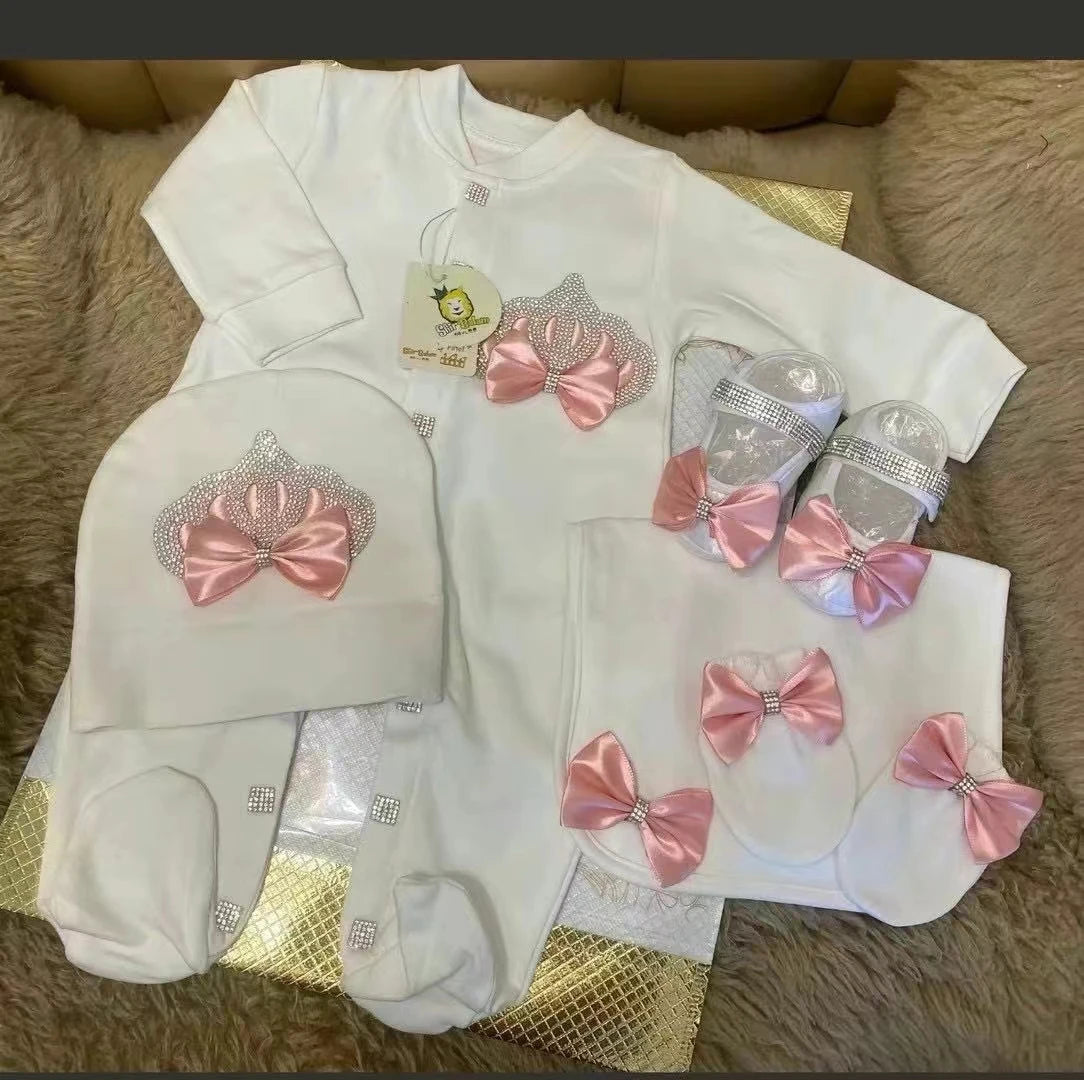 Dollbling Baptism Outfit Boy Prince Luxury Bling Christening Coming Home Romper Bonnet Set Mittens Nursery Hospital Clothing set