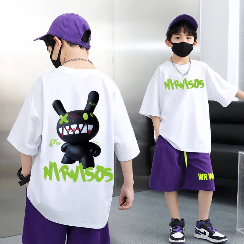 100% Cotton Boys T-shirt Summer Streetwear Cool Graffiti Print Girls Tees Short Sleeve Children Tops High Quality Kids Clothes