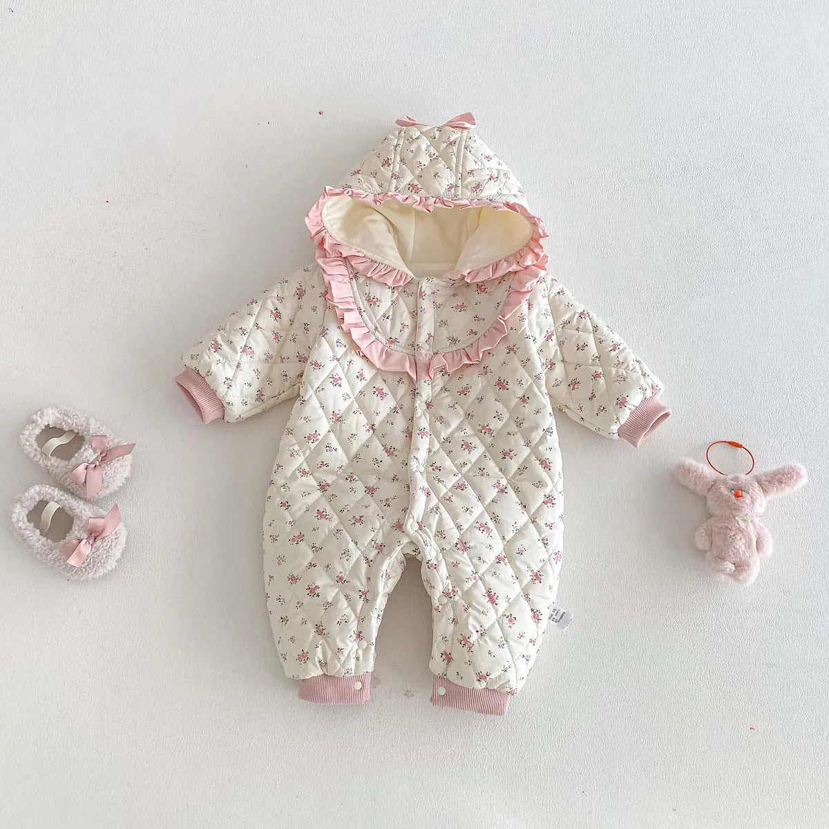 Baby Girl Winter Sweet and Cute Floral Cotton Padded Hooded Jumpsuit, Baby Girl Warm and Comfortable Long Sleeve Cotton Padded Jumpsuit