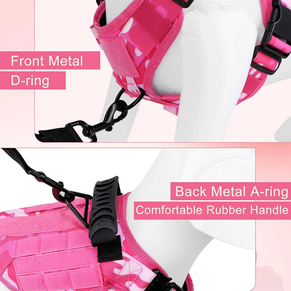 Tactical Pink Dog Harness Leash Set for Medium to Large Dog Adjustable Chest Strap Heavy-Duty Nylon for Outdoor Training Walking