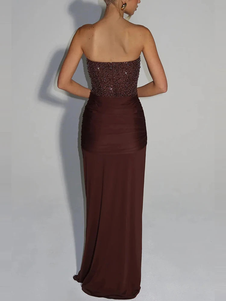 Women's Sexy Strapless Sleeveless Evening Dress Fashion Waist Slim Solid Wedding Dress Elegant Sequins Splicing Pleat Long Dress