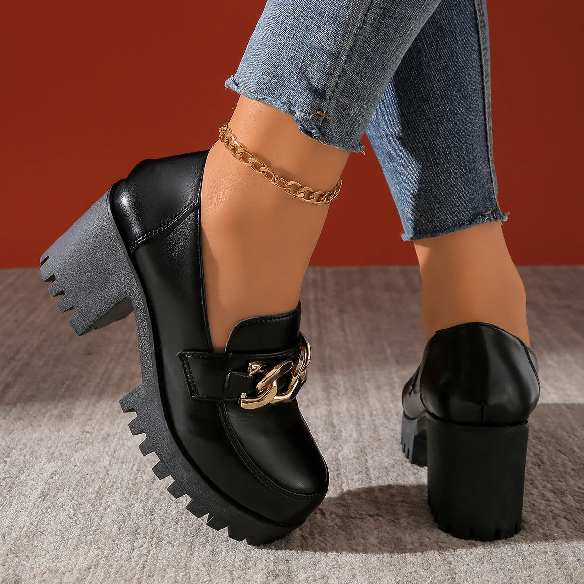 Women's Large Size Thick Heel Slip-On round Toe Leather Shoes Spring Autumn New Style Korean Style PU Leather Mid Heel