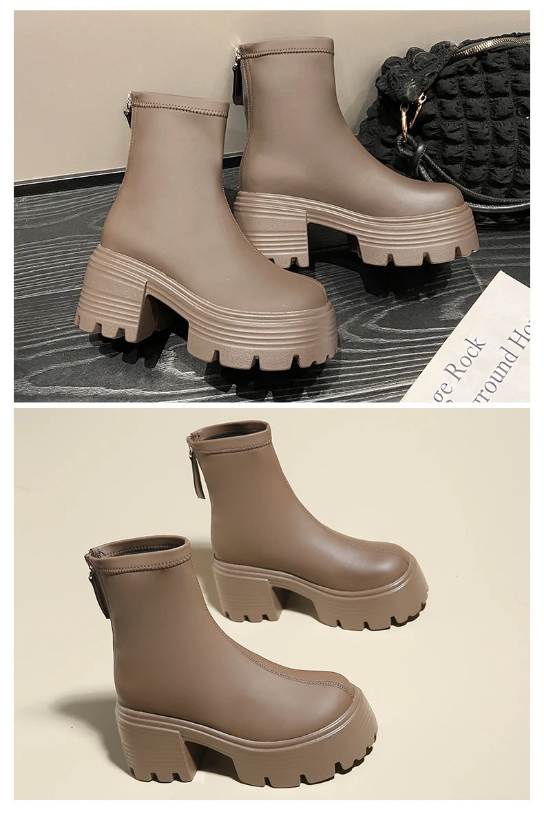 8CM Autumn Chunky Boots High Platform Leather Sneakers Women Round Toe Chelsea Boots British Style Thick Sole Female Ankle Shoes