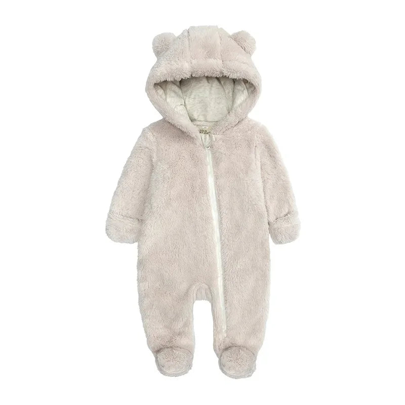 2025 Warm Footed Baby Romper Zipper Closure Fall Newborn Bear Ear Hooded Fuzzy Onesie Outfit Infant Boys Girls 100 Days Jumpsuit