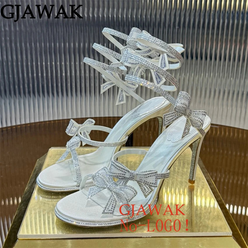 Summer Crystal Bowknot High Heels Sandals Woman Twine Around Ankle Snake Wedding Shoes For Woman Runway Gladiator Sandals Women