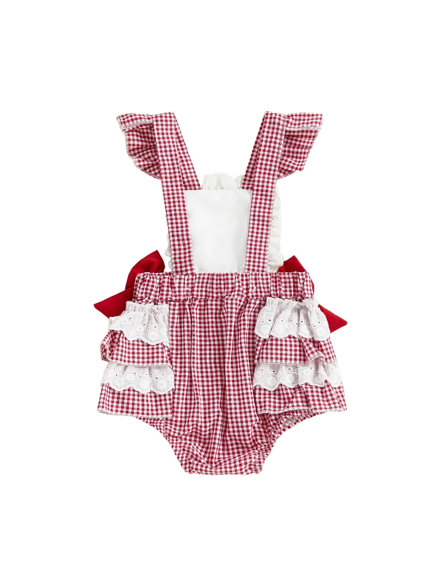 0-18M Valentine's Day Infant Baby Girls Rompers Sleeveless Square Collar Lace Ruffled Letter Embroidery Bow Jumpsuit