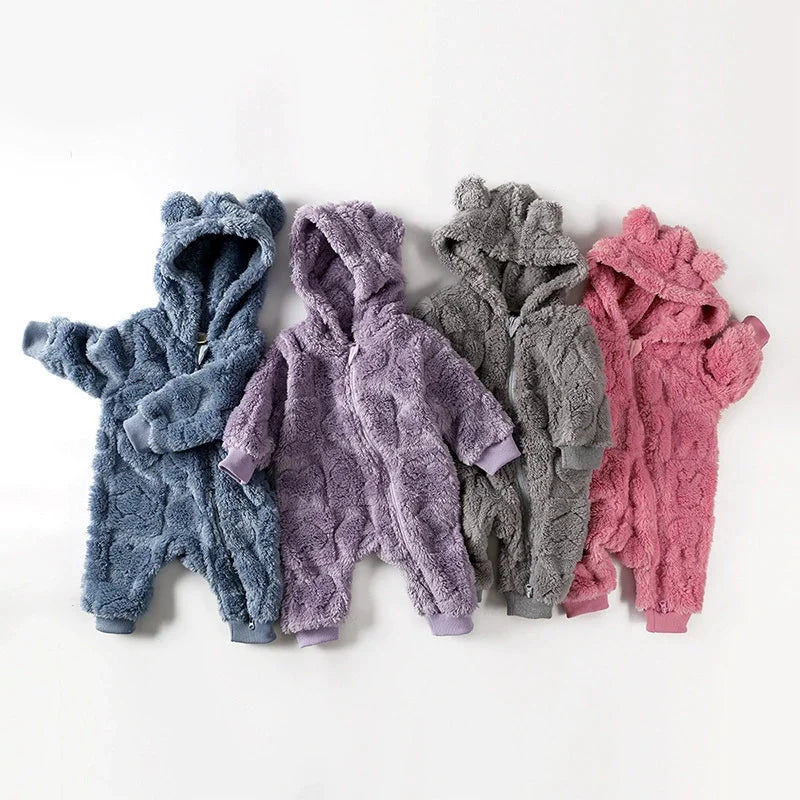 Winter Baby Bear Hooded Romper Thicken Fleece Warm Heart Flannel Toddler Girl Jumpsuits Infant Boy Bodysuit For Newborn Clothes