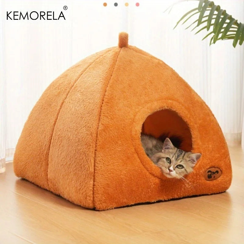 2025 Winter Thickened Indoor Cat Bed 2-in-1 Cat House Tent Bed with Detachable and Washable Soft Cushion Pillow, Unassembled
