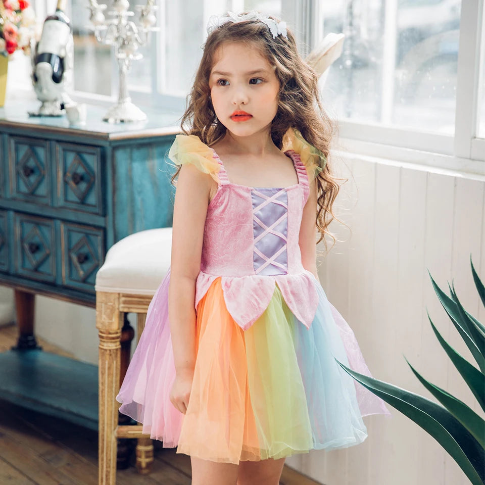 Cheap Top Quality Summer Fancy Baby Girl Fairy Rainbow Tutu Dress Halloween Cosplay Elf Princess Carnival Infant Party Ball Gown