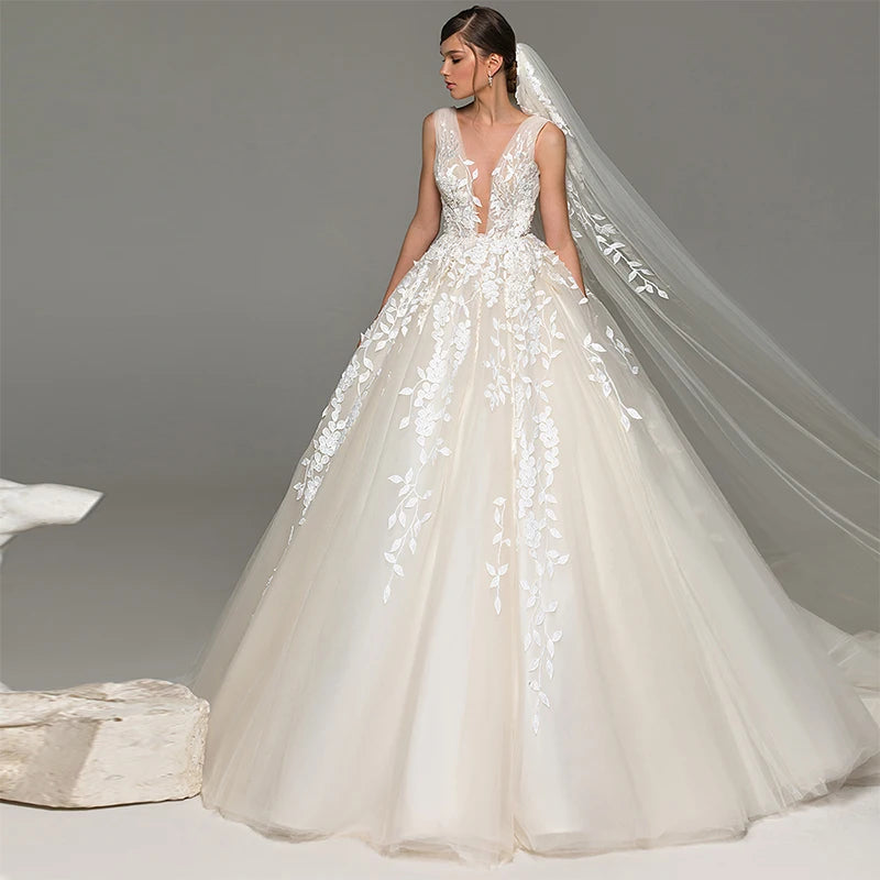 Bride Gown For Woman Illusion A-Line Bow Sashes Bridal Gowns O-Neck Satin Appliques Half Sleeves Wedding Dresses Robe De Mariée
