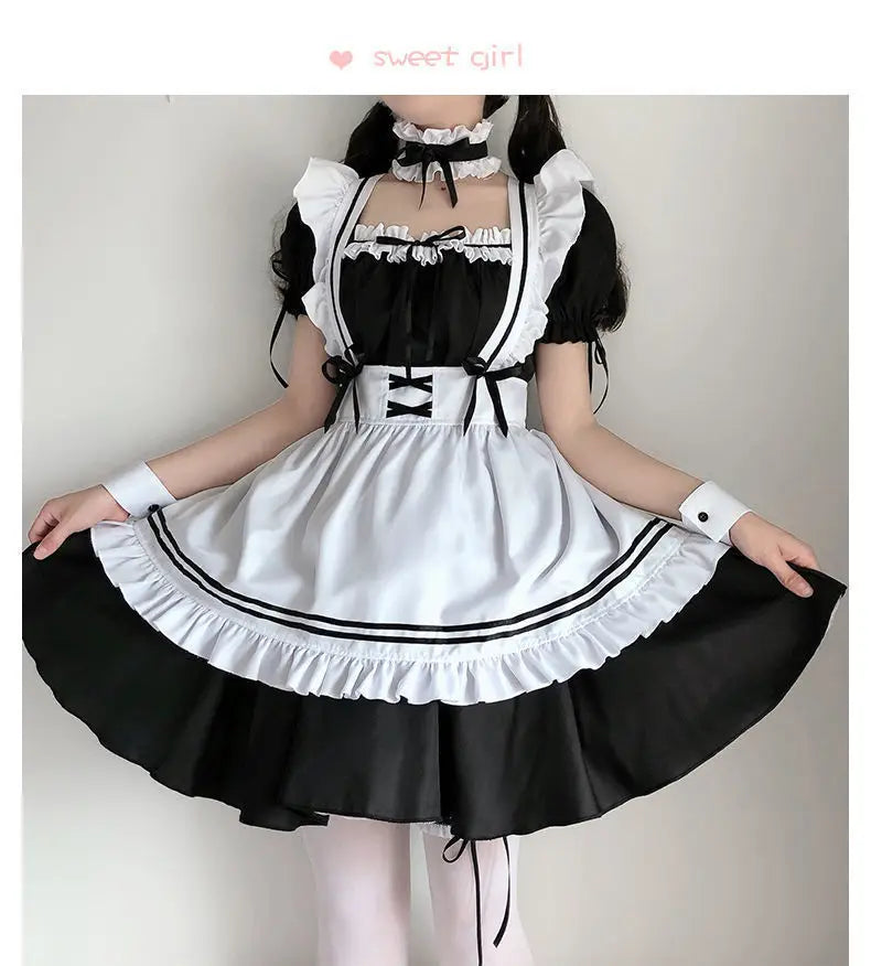 Halloween Maid Set Waiter's Cute Dress Men's Women's Costume Big Character Black and White Style Plus Size Short Sleeved Dress